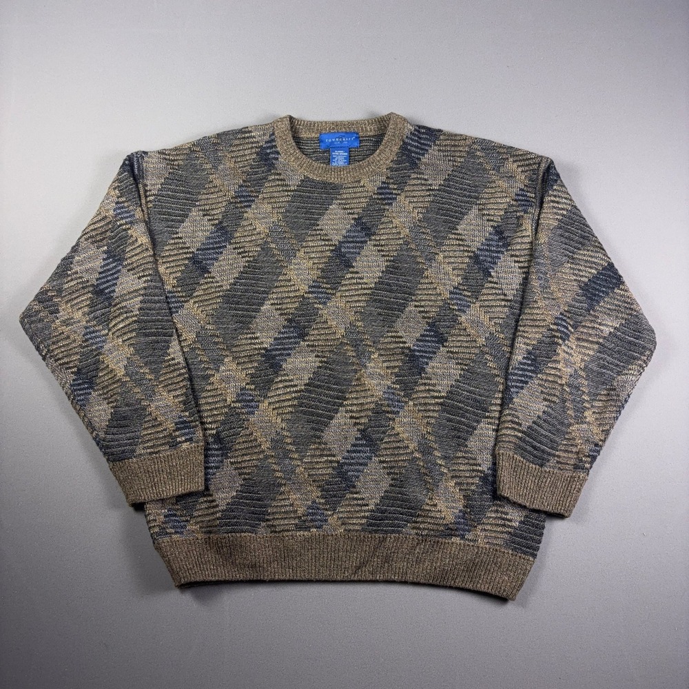 Vintage Towncraft Argyle Sweater Mens XL Brown Blue Diamond Knit Crew 90s Y2K